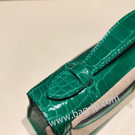 エルメス ポシェットケリー kelly pochette  Crocodile Alligator 6Q/ Vert Emeraude ゴールド金具 Pochette--005 全手縫い