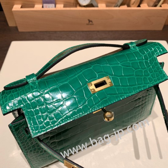 エルメス ポシェットケリー kelly pochette  Crocodile Alligator 6Q/ Vert Emeraude ゴールド金具 Pochette--005 全手縫い