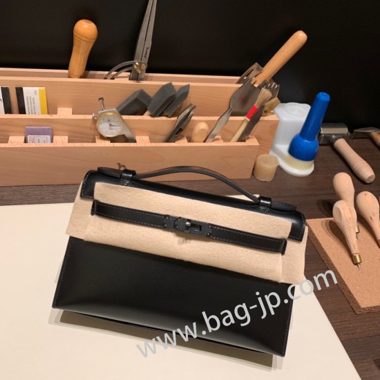 エルメス ポシェットケリー kelly pochette  box ボックスカーフ  ブラック 89 /Black (Noir) Black Hardware Pochette--006 全手縫い