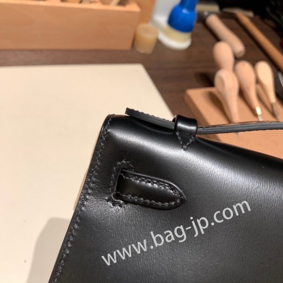 エルメス ポシェットケリー kelly pochette  box ボックスカーフ  ブラック 89 /Black (Noir) Black Hardware Pochette--006 全手縫い