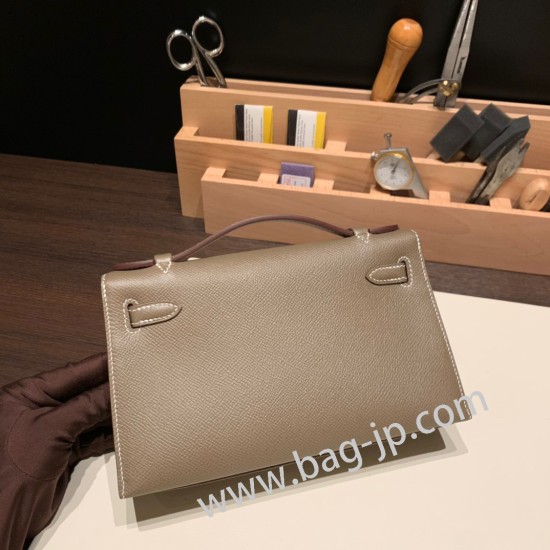 エルメス ポシェットケリー kelly pochette  Epsom ヴォーエプソン エトゥープ 18/Étoupe Grey シルバー金具 Pochette--021 全手縫い