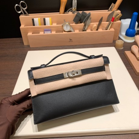 ブラック 89/ Black (Noir) シルバー金具 Pochette--043 全手縫いエルメス ポシェットケリー kelly pochette  swift スイフト 