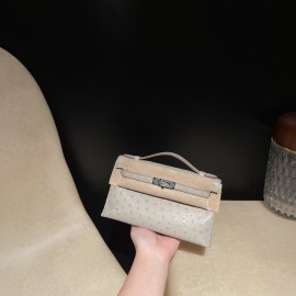 オーストリッチ エルメス ポシェットケリー kelly pochette  80/Pearl Grey (Gris Perle)  パールグレー ，