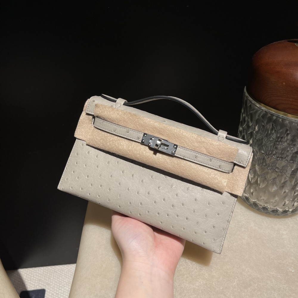 オーストリッチ エルメス ポシェットケリー kelly pochette  4Z/Gris Mouette  グリムエット