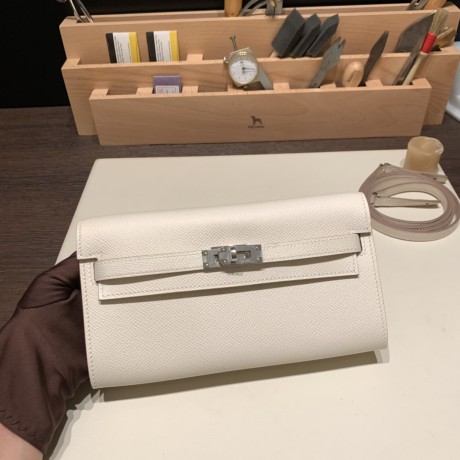 クレx ジョーヌプッサン 10/Craie & 1Z/Jaune Poussin  シルバー金具  kellyto-066 全手縫いエルメス ケリーウォレット ロング トゥーゴー Kelly Wallet Long To Go  ヴォーエプソン epsom  