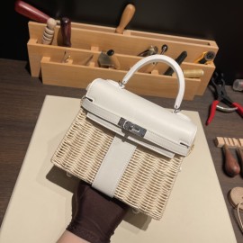 エルメス ケリー・ ピクニック Kelly picnic  スイフト籘(ラタン) ホワイト 01 /White (Blanc)  シルバー金具  picnic-003 全手縫い