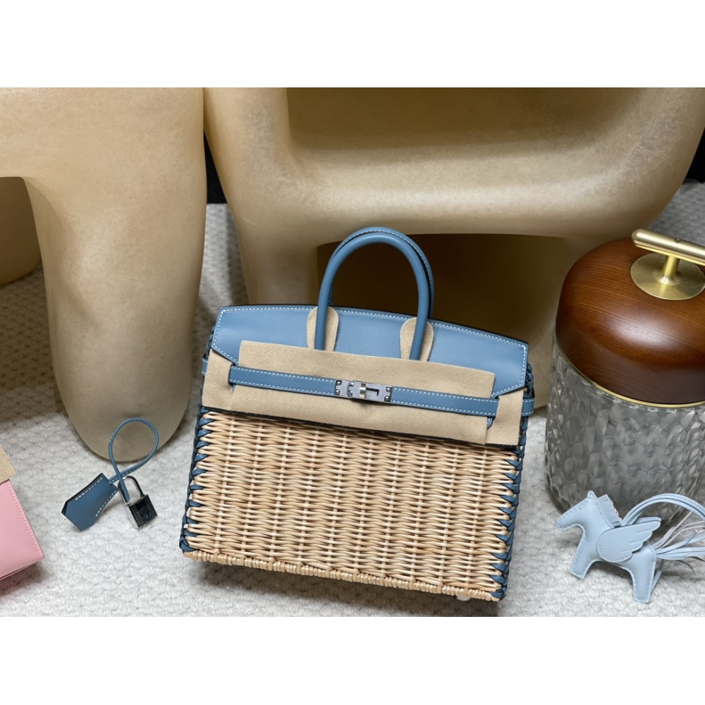 75/牛仔蓝/Blue Jean  ブルージーン Birkin picnic ピクニックバッグ  ピクニックに最も贅沢なギア、一目惚れの竹編みバッグ