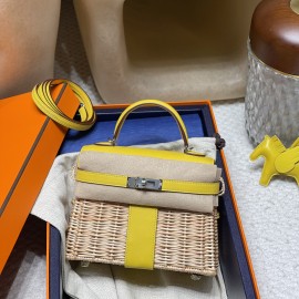 90/Jaune de Naples  ジョーヌナプル Kelly Picnic 藤条シリーズピクニックバッグswift 皮革（レザー）と藤（ふじ）の編み込み 