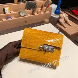 エルメス plume 21 クロコダイル 9D/Jaune Ambre  ジョーヌアンブル シルバー金具  Verrou-015 全手縫い