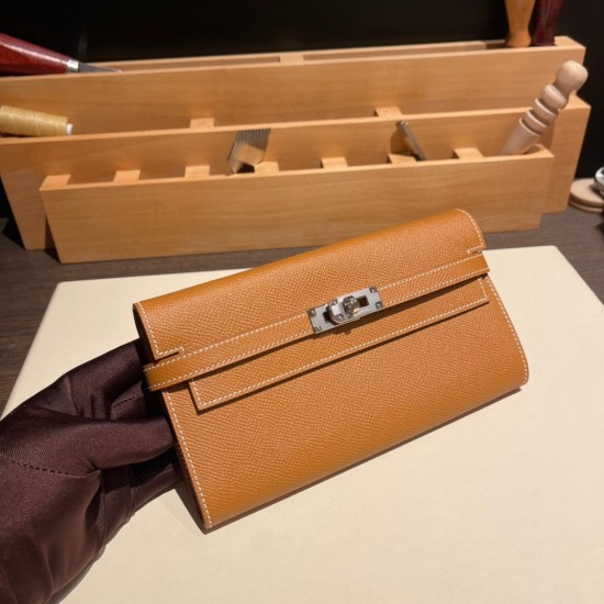 エルメス ケリーウォレット ロング ヴォーエプソン 37 /Gold ゴールド シルバー金具  wallet-004 全手縫い