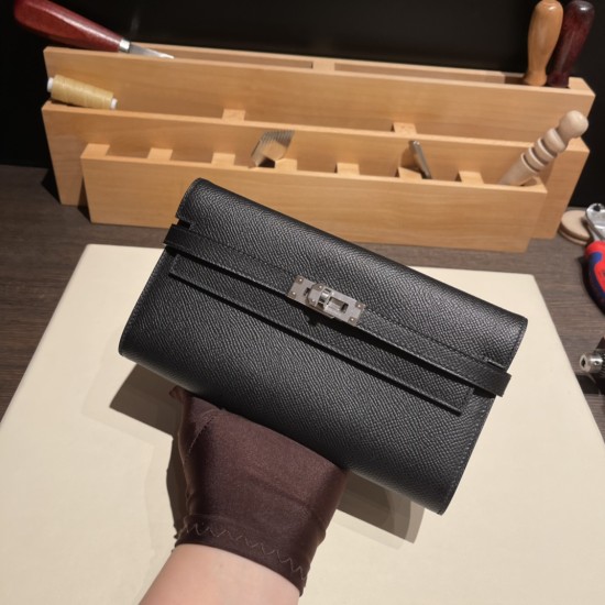 エルメス ケリーウォレット ロング ヴォーエプソン 89/Black (Noir) ブラック シルバー金具  wallet-009 全手縫い