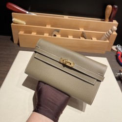 エルメス ケリーウォレット ロング ヴォーエプソン 18/Étoupe Grey エトゥープ ゴールド金具   wallet-013 全手縫い